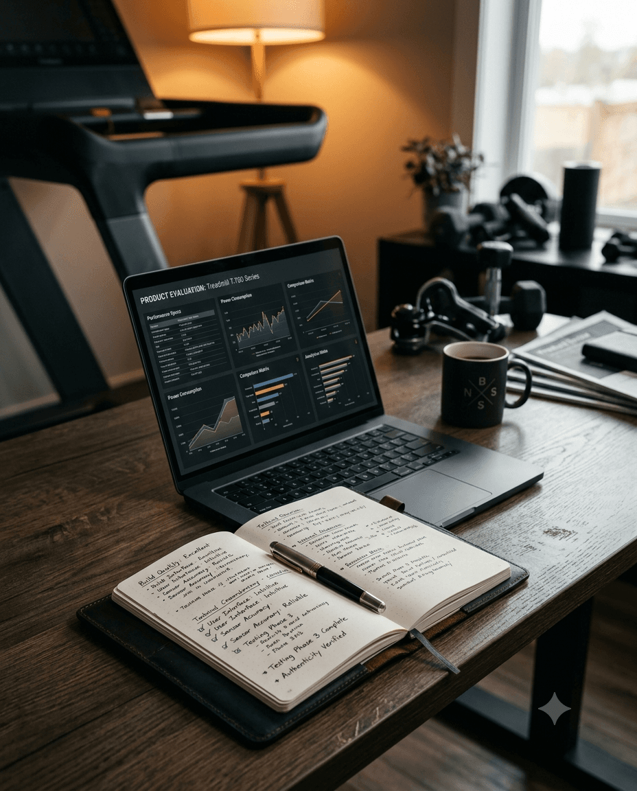 Product evaluation desk with technical specifications notes